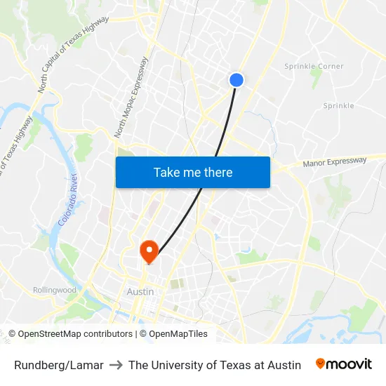 Rundberg/Lamar to The University of Texas at Austin map