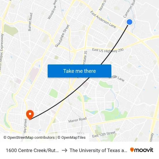 1600 Centre Creek/Rutherford to The University of Texas at Austin map