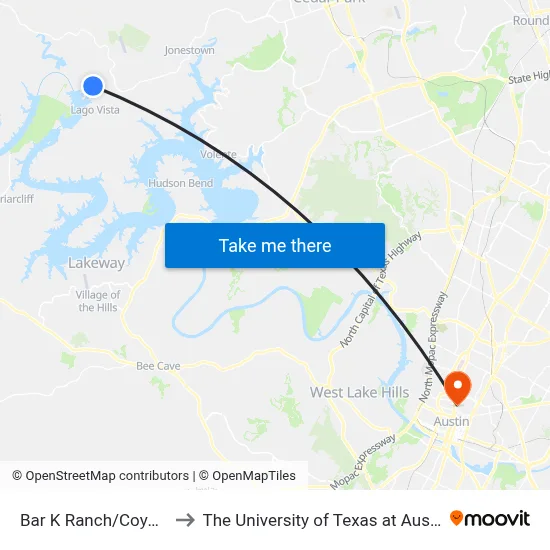 Bar K Ranch/Coyote to The University of Texas at Austin map