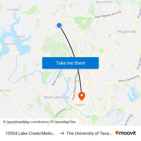 10504 Lake Creek/Mellow Meadows to The University of Texas at Austin map