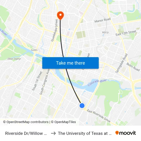 Riverside Dr/Willow Creek to The University of Texas at Austin map