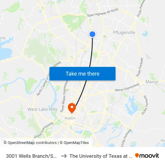 3001 Wells Branch/Summit to The University of Texas at Austin map