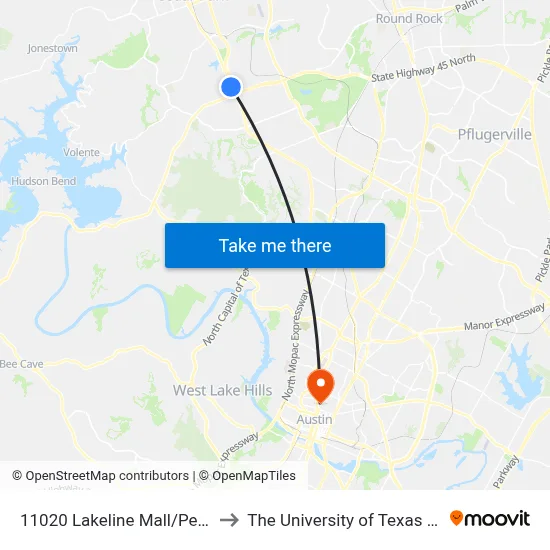 11020 Lakeline Mall/Pecan Park to The University of Texas at Austin map