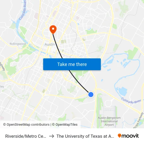 Riverside/Metro Center to The University of Texas at Austin map