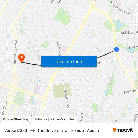 Airport/38th to The University of Texas at Austin map