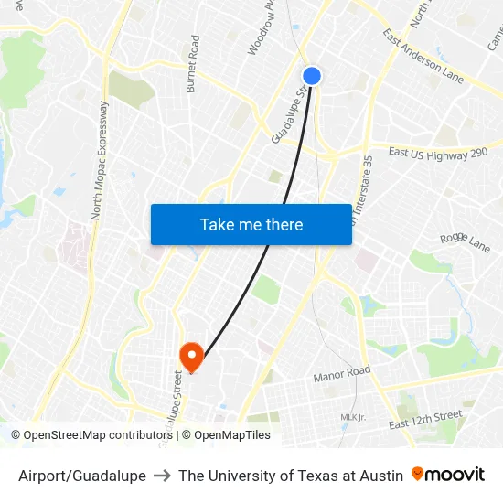 Airport/Guadalupe to The University of Texas at Austin map
