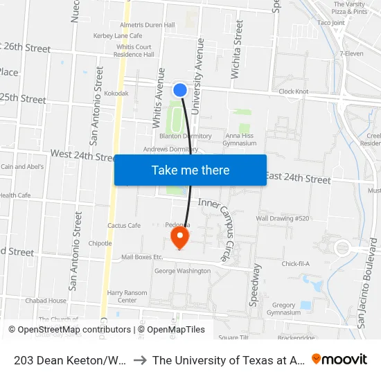 203 Dean Keeton/Whitis to The University of Texas at Austin map
