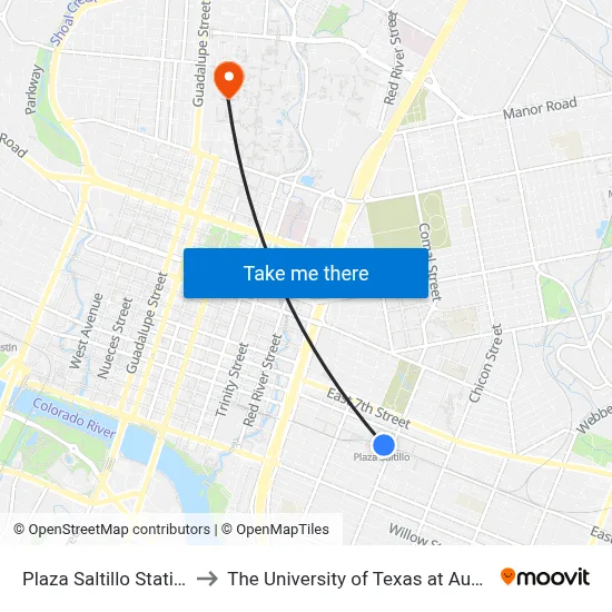 Plaza Saltillo Station to The University of Texas at Austin map