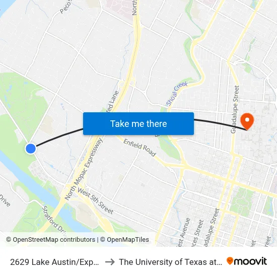 2629 Lake Austin/Exposition to The University of Texas at Austin map