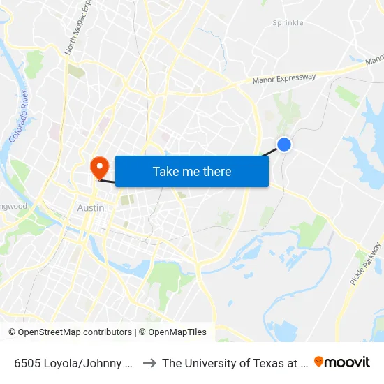 6505 Loyola/Johnny Morris to The University of Texas at Austin map