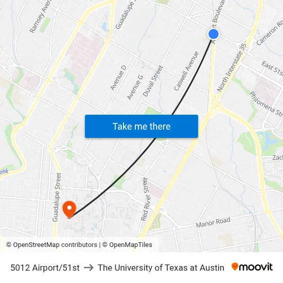 5012 Airport/51st to The University of Texas at Austin map