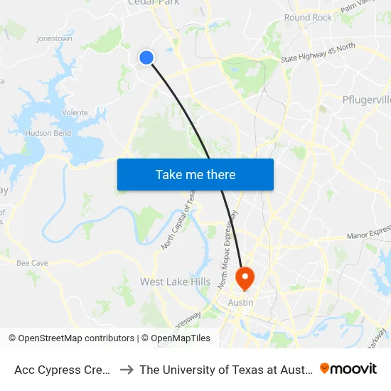 Acc Cypress Creek to The University of Texas at Austin map