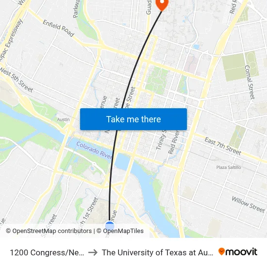 1200 Congress/Nellie to The University of Texas at Austin map