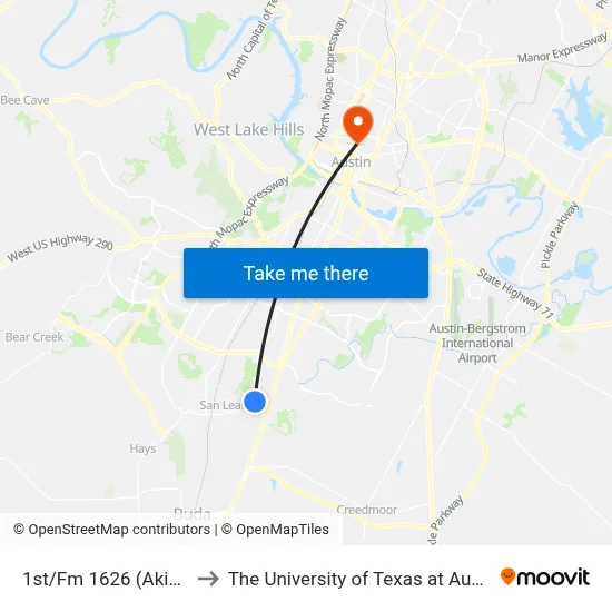 1st/Fm 1626 (Akins) to The University of Texas at Austin map