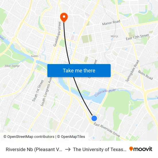 Riverside Nb (Pleasant Valley Heb) to The University of Texas at Austin map