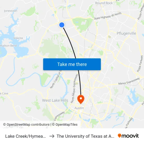 Lake Creek/Hymeadow to The University of Texas at Austin map