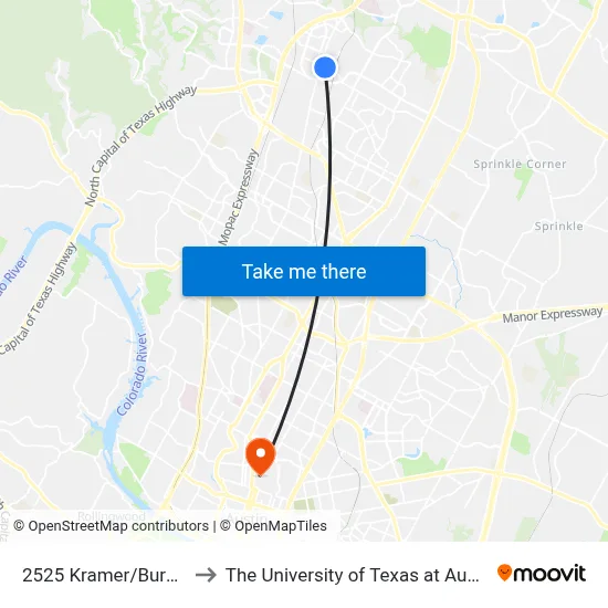 2525 Kramer/Burnet to The University of Texas at Austin map