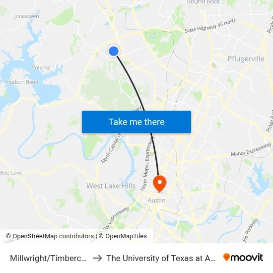 Millwright/Timbercrest to The University of Texas at Austin map