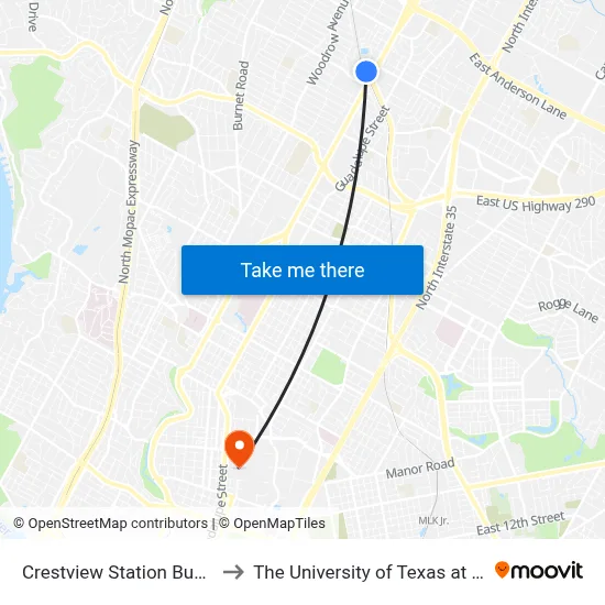 Crestview Station Bus Stop to The University of Texas at Austin map