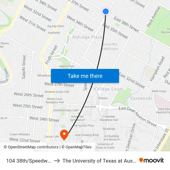 104 38th/Speedway to The University of Texas at Austin map