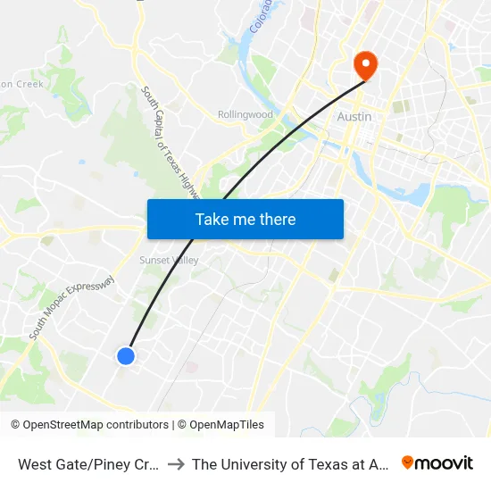 West Gate/Piney Creek to The University of Texas at Austin map