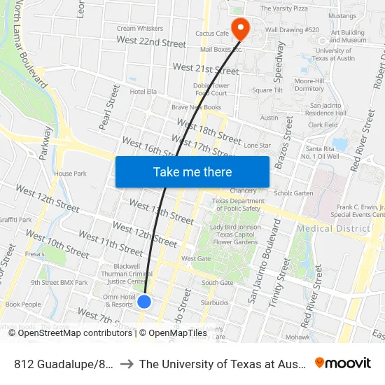 812 Guadalupe/8th to The University of Texas at Austin map