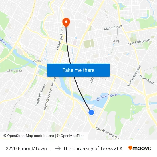 2220 Elmont/Town Lake to The University of Texas at Austin map
