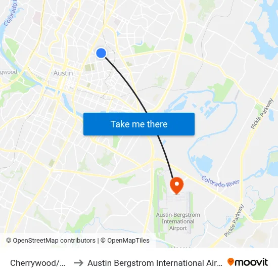 Cherrywood/Manor to Austin Bergstrom International Airport (AUS) map