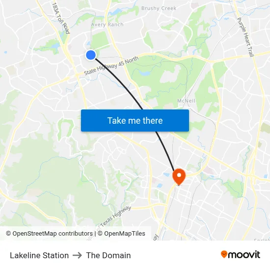 Lakeline Station to The Domain map