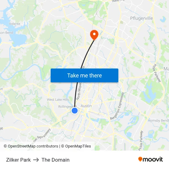 Zilker Park to The Domain map