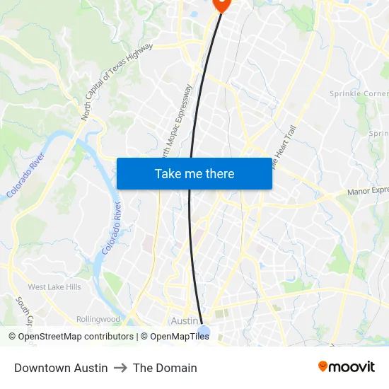 Downtown Austin to The Domain map
