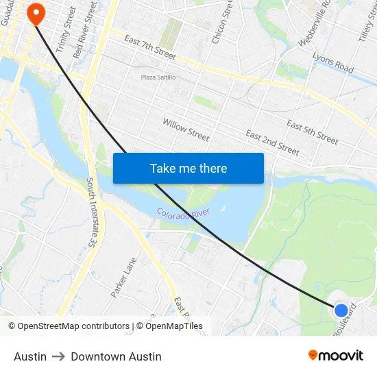 Austin to Downtown Austin map