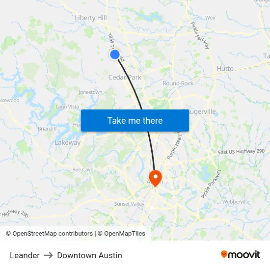 Leander to Downtown Austin map