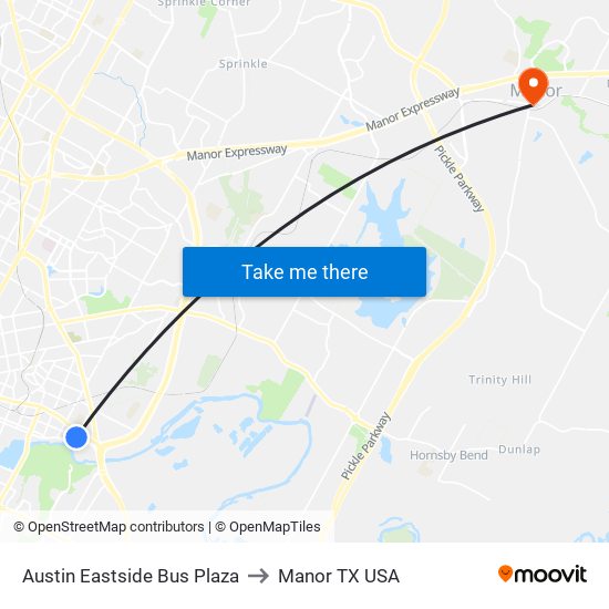 Austin Eastside Bus Plaza to Manor TX USA map