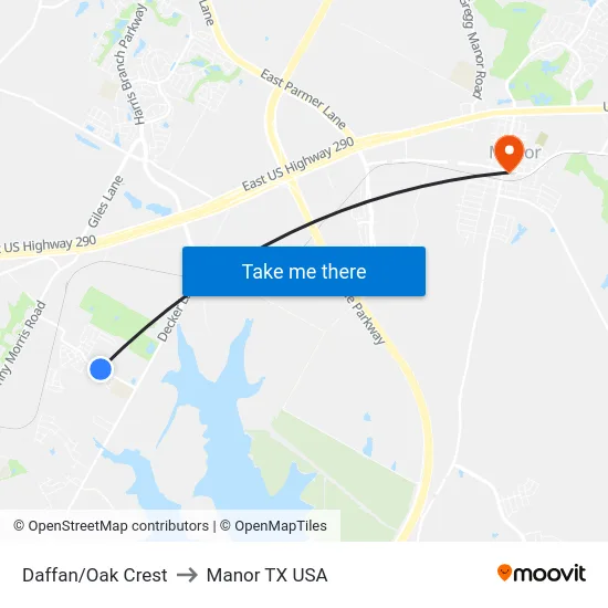 Daffan/Oak Crest to Manor TX USA map