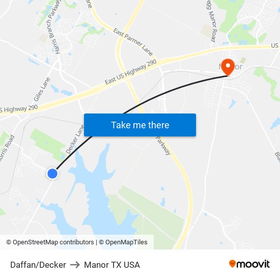 Daffan/Decker to Manor TX USA map