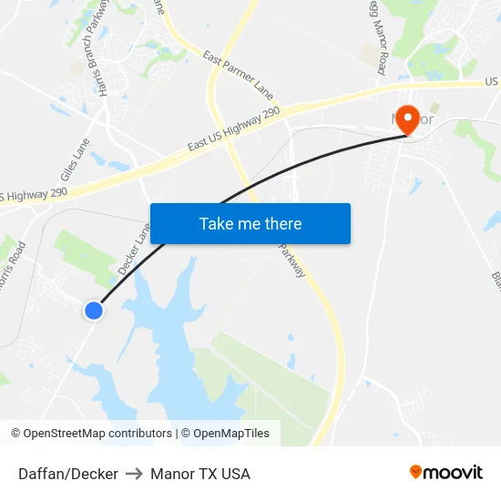 Daffan/Decker to Manor TX USA map