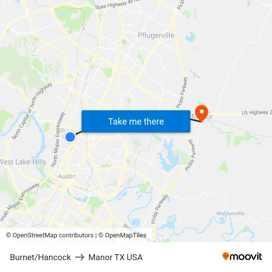 Burnet/Hancock to Manor TX USA map
