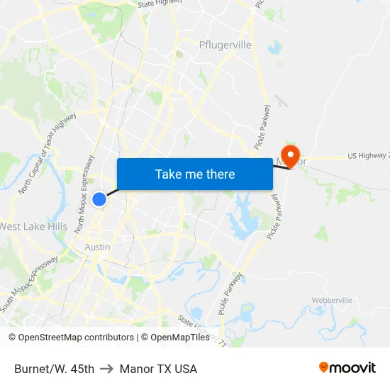 Burnet/W. 45th to Manor TX USA map