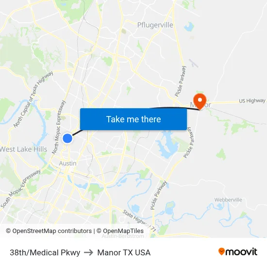 38th/Medical Pkwy to Manor TX USA map