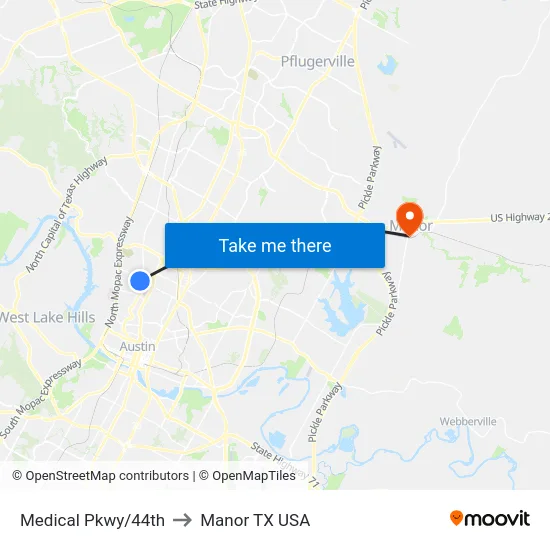 Medical Pkwy/44th to Manor TX USA map