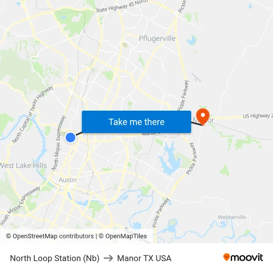 North Loop Station (Nb) to Manor TX USA map