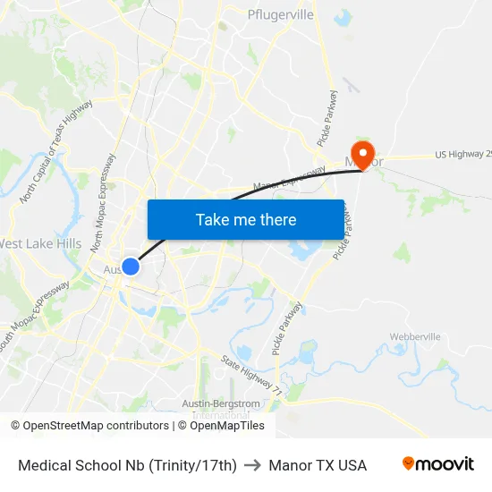 Medical School Nb (Trinity/17th) to Manor TX USA map