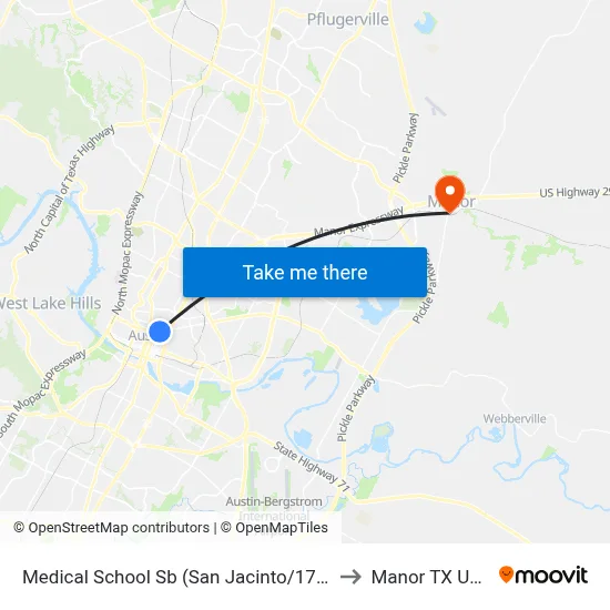 Medical School Sb (San Jacinto/17th) to Manor TX USA map