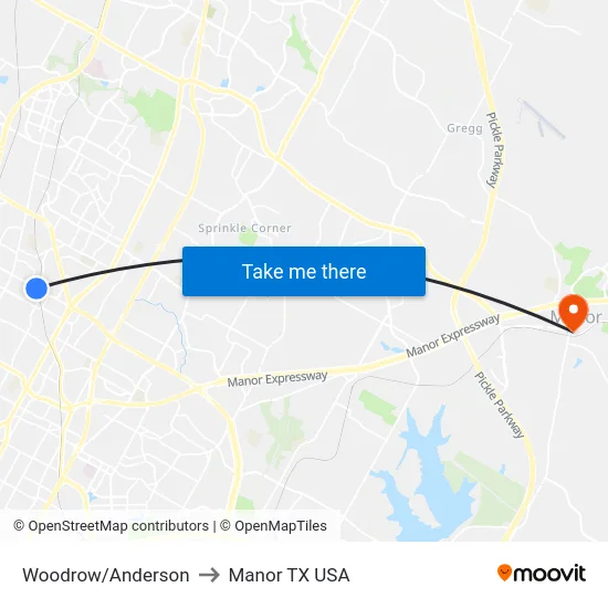 Woodrow/Anderson to Manor TX USA map