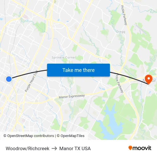 Woodrow/Richcreek to Manor TX USA map