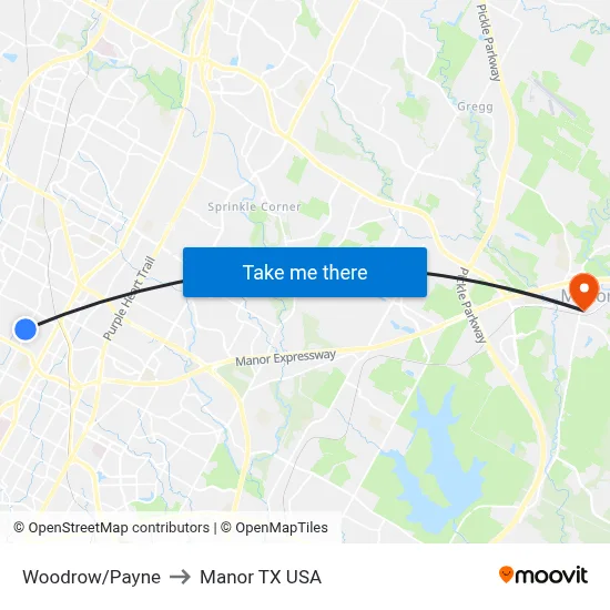Woodrow/Payne to Manor TX USA map