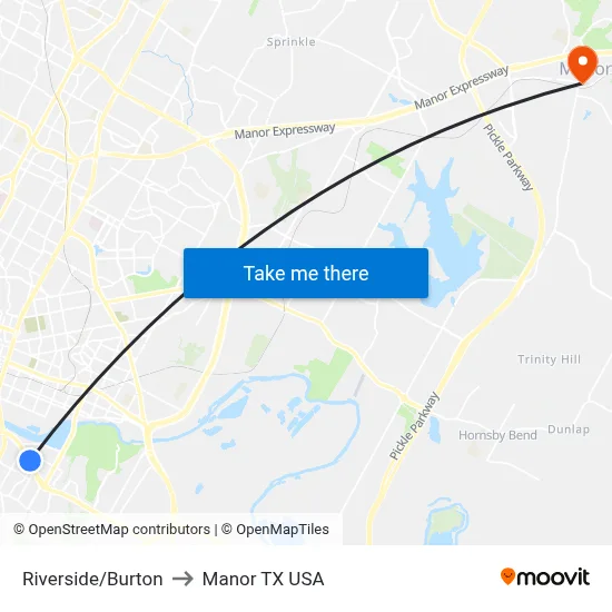 Riverside/Burton to Manor TX USA map