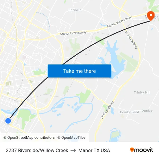 2237 Riverside/Willow Creek to Manor TX USA map