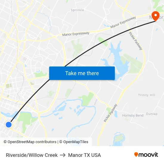 Riverside/Willow Creek to Manor TX USA map